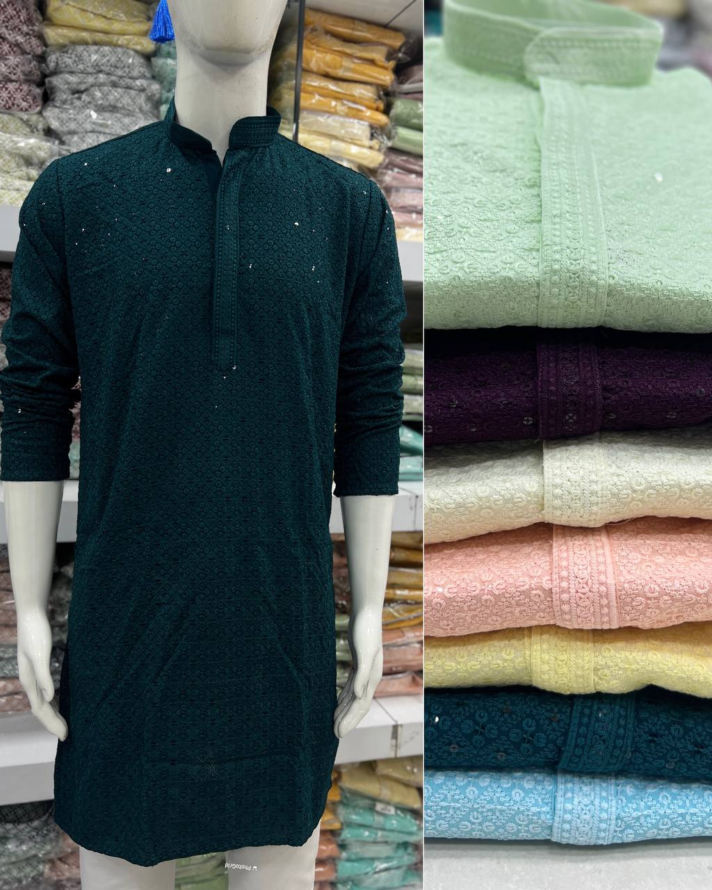 CHIKANKARI KURTA BY SUSWANI HEAVY 14 KG RAYON MENS KURTA AND PYJAMA